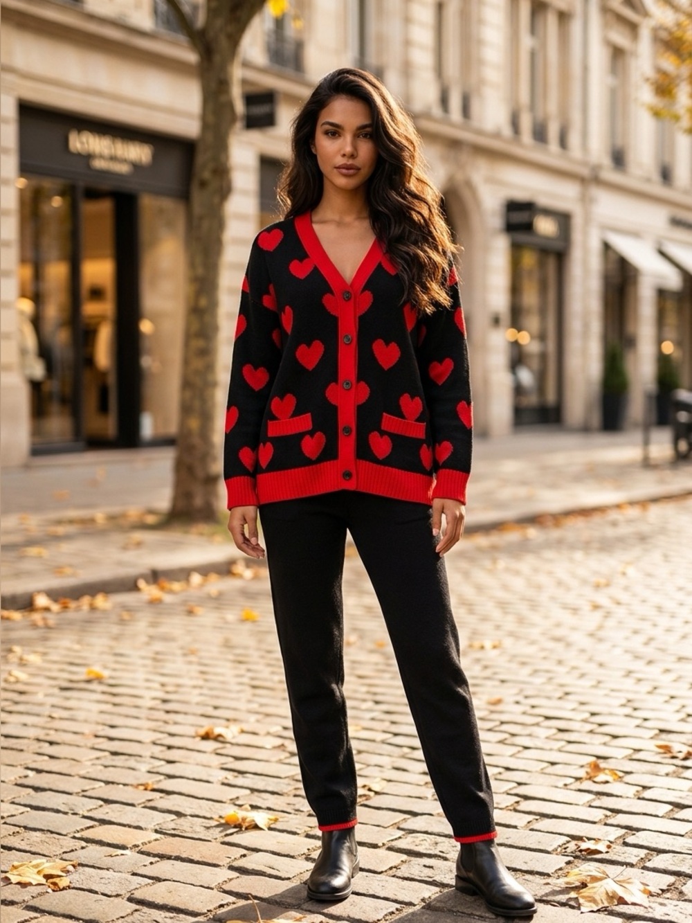 NWOT Black Red Heart Pattern Oversized Button-Up Knit Cardigan Women’s Medium